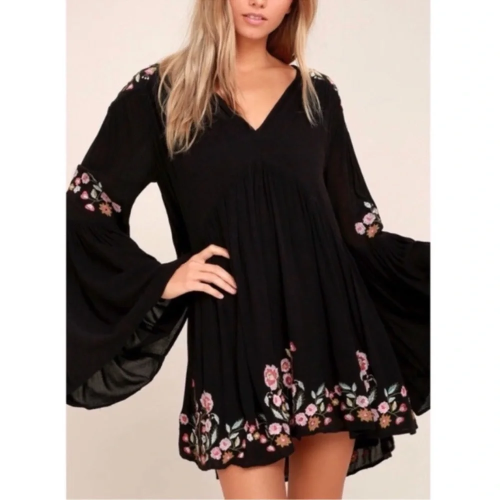 Free People Black Mini Dress with Pink Floral Embroidery